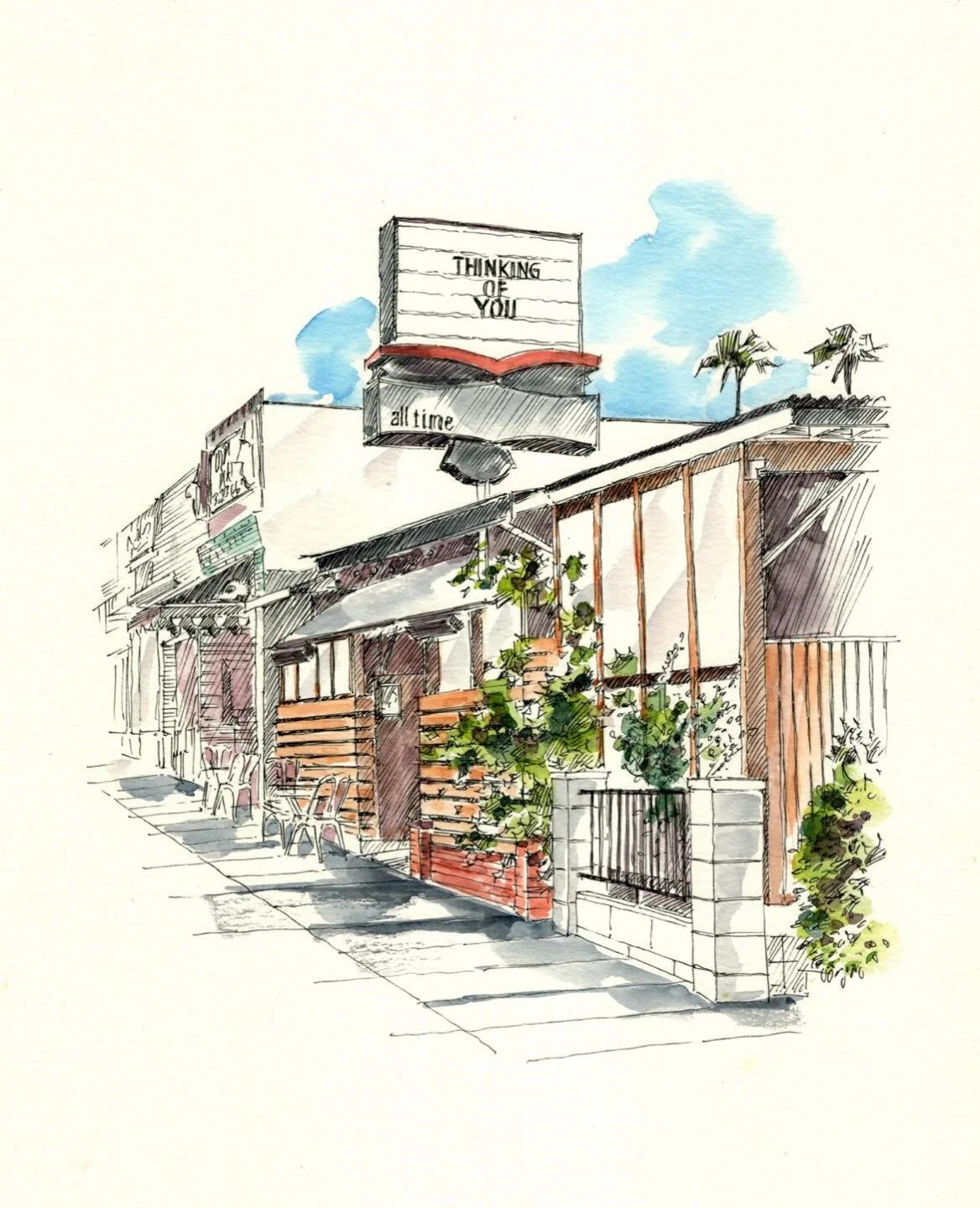 A custom ink and wash commission of All Time, a popular Los Feliz spot. 
@freakinalltime
#losfeliz #losangelesartist #lineandwash #artcommission #restaurantart