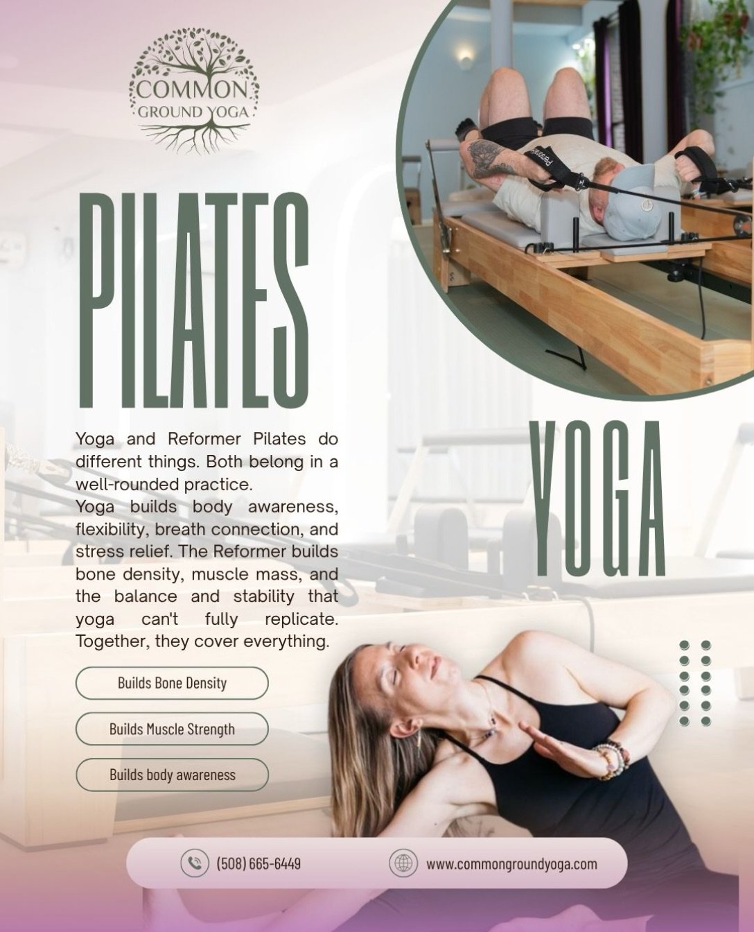 Why choose between strength and stillness when you can have both? 🌿

At Common Ground Yoga, we believe Yoga and Reformer Pilates each bring something unique to your practice.

✨ Reformer Pilates builds strength, stability, and control.
🧘 Yoga creat