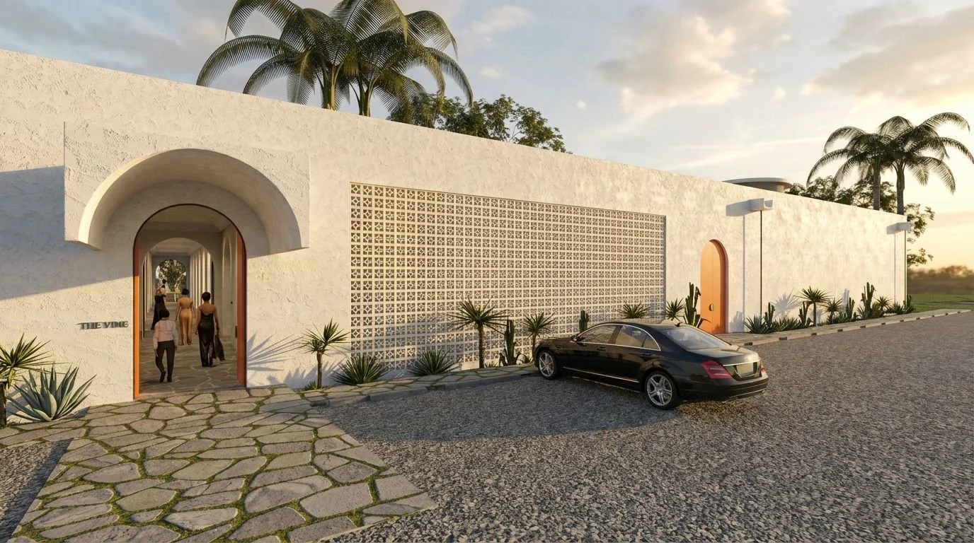 A long, minimalist white Mediterranean-style building features a deep arched entryway and a large de.jpeg