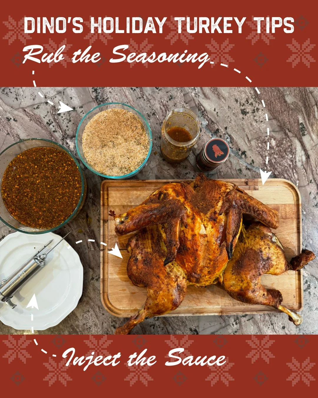 Looking for a unique spin on that boring Thanksgiving meal? Use your Dino's Famous Chicken Seasoning and Sauce for a deliciously Dino's Famous flavored feast! #Thanksgiving2025