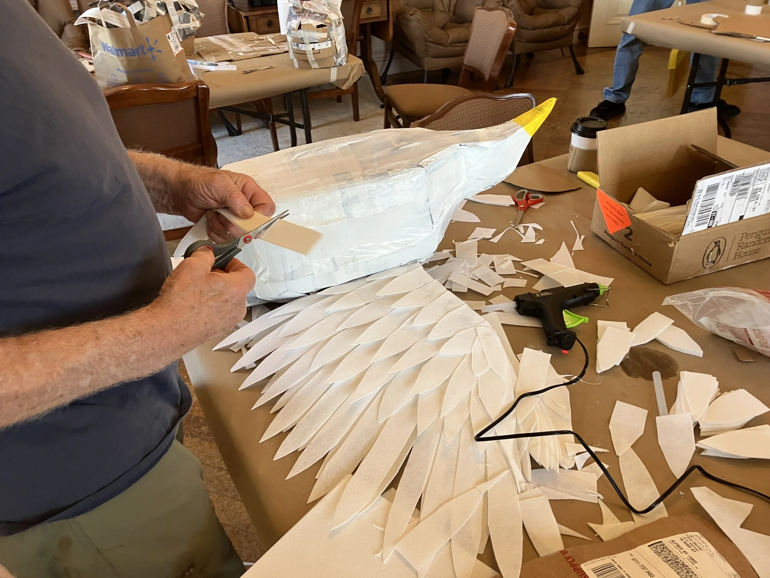 Images from a "bird puppet building" workshop organized by the Babcock Theatre Preservation Society. 5 out of the 9 birds in this exhibition were co-created by  the community. The birds and buffalo puppet will be exhibited at the Wellsville Christmas