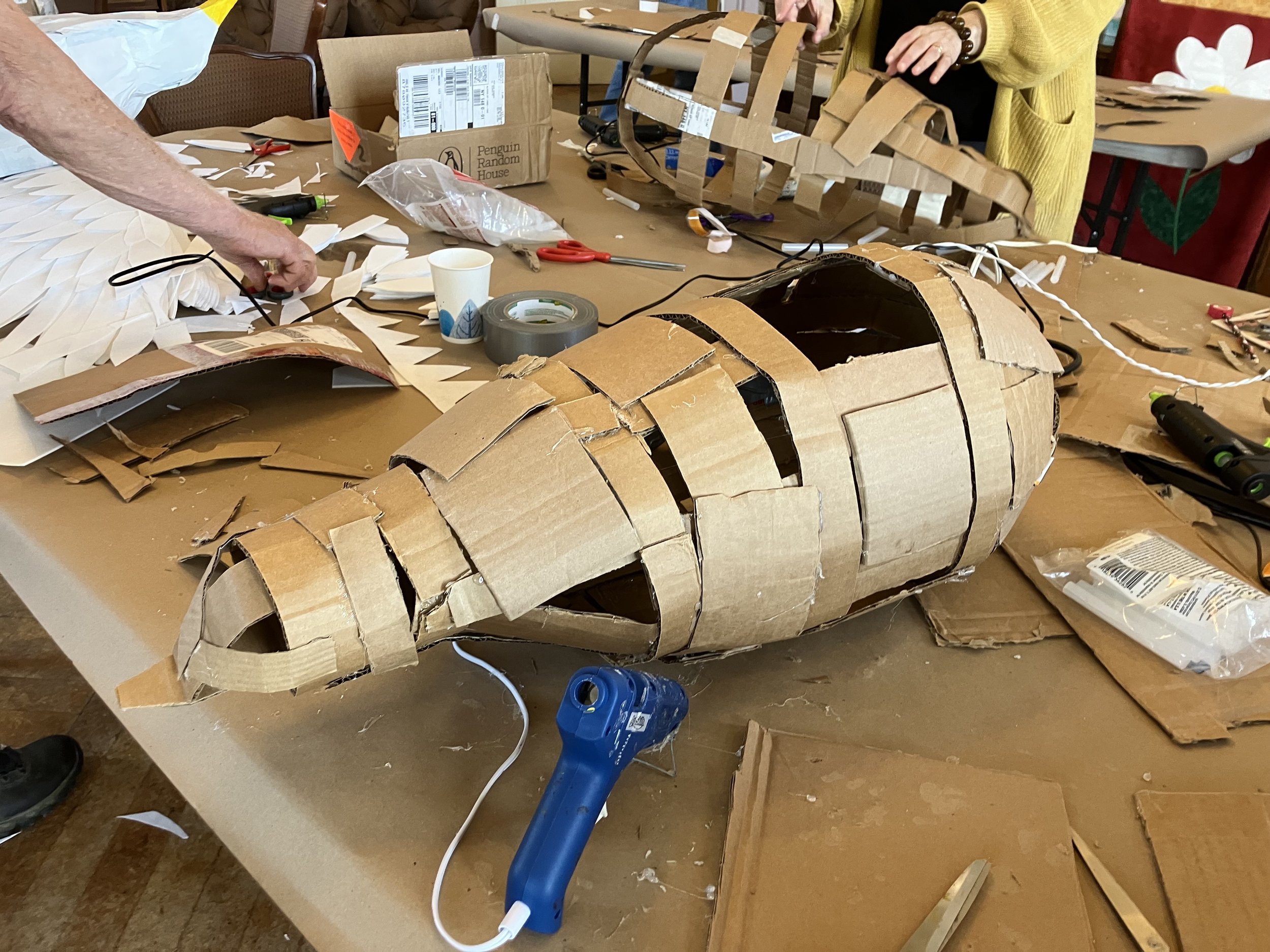 Images from a "bird puppet building" workshop organized by the Babcock Theatre Preservation Society. 5 out of the 9 birds in this exhibition were co-created by  the community. The birds and buffalo puppet will be exhibited at the Wellsville Christmas
