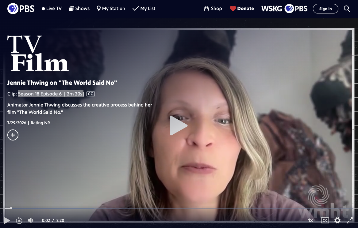 Screenshot of a PBS website featuring a video interview with Jennie Thwing about her film "The World Said No". The webpage header includes options such as Live TV, Shows, My Station, My List, Shop, Donate, Sign In, and a search icon. The video player