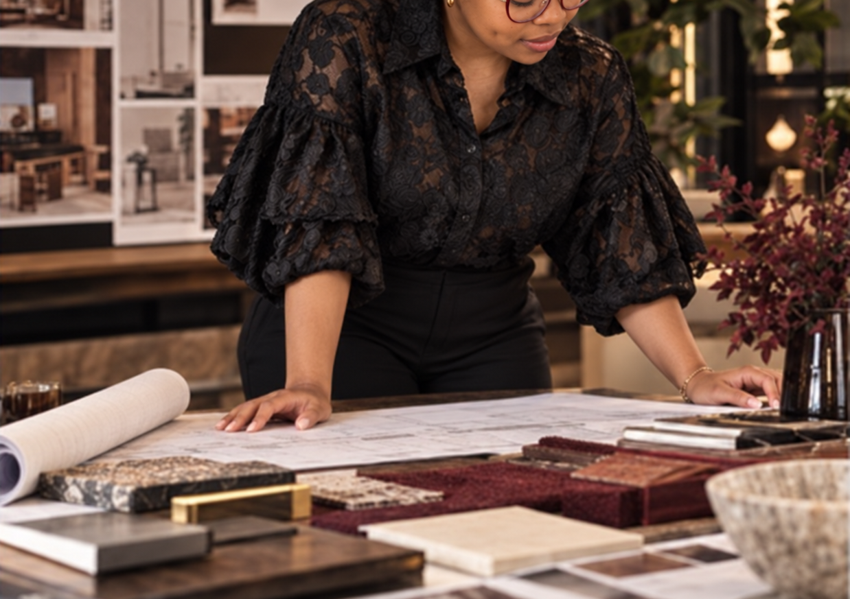 Woman Studying Drawings in Burgundy Glasses.png