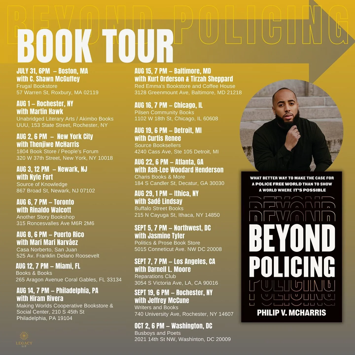 🚨 The &lsquo;Beyond Policing&rsquo; book tour kicks off on July 31 in Boston and will be traveling across North America with stops in New York, Philadelphia, Chicago,  Detroit, Toronto, Atlanta, LA, San Juan, and more! 🚨

👉🏽 Let me know which sto