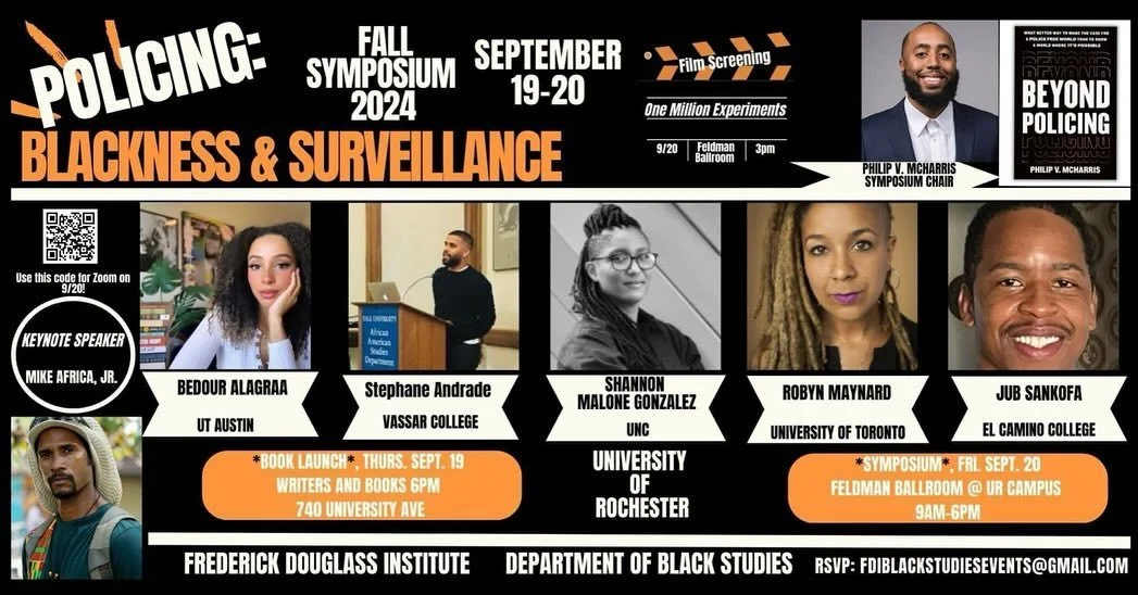 Rochester! Upstate New York! It all starts tomorrow! Don&rsquo;t miss the *Policing: Blackness &amp; Surveillance* Symposium I&rsquo;m organizing at @urochester where we&rsquo;ll dive into the intersections of race, surveillance, and policing. Two da
