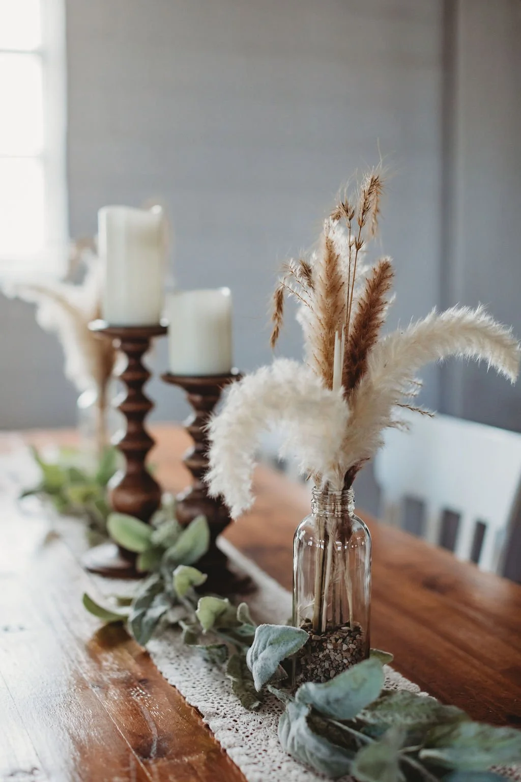 Pompas Grass in Glass Jar:Wood Pillar Set:Canles: Lambs Ear Greenery .jpg