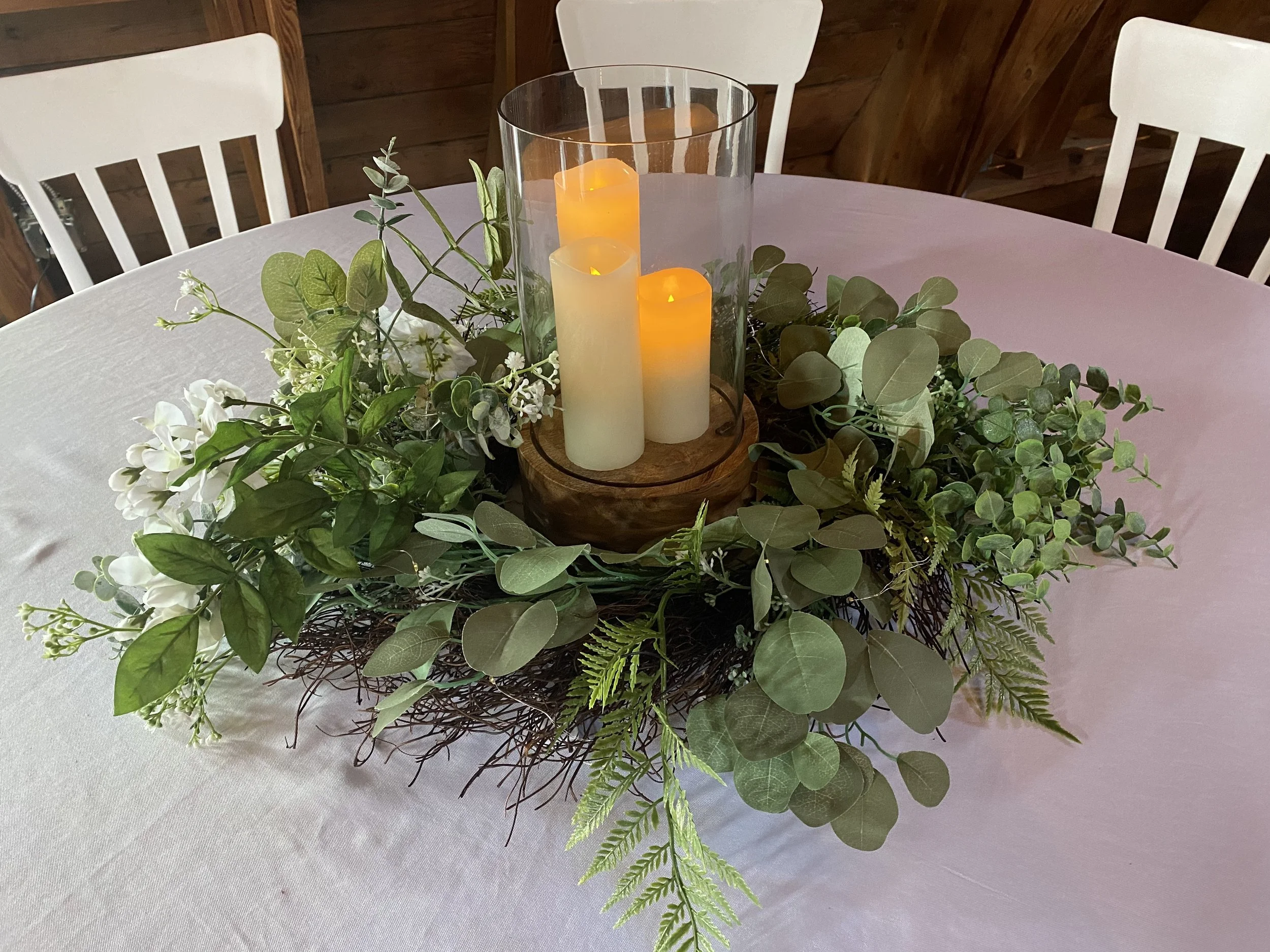 Wood Riser w:Glass Hurricane:3 Candles:Greenery.jpg