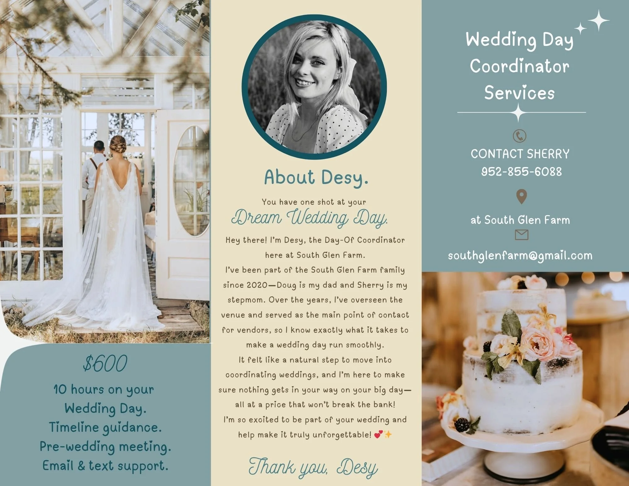 A flyer for wedding coordination services featuring a black-and-white portrait of a smiling woman, a wedding scene with a bride in a white gown, a decorated wedding cake with flowers, and contact information for Sherry and Desy.