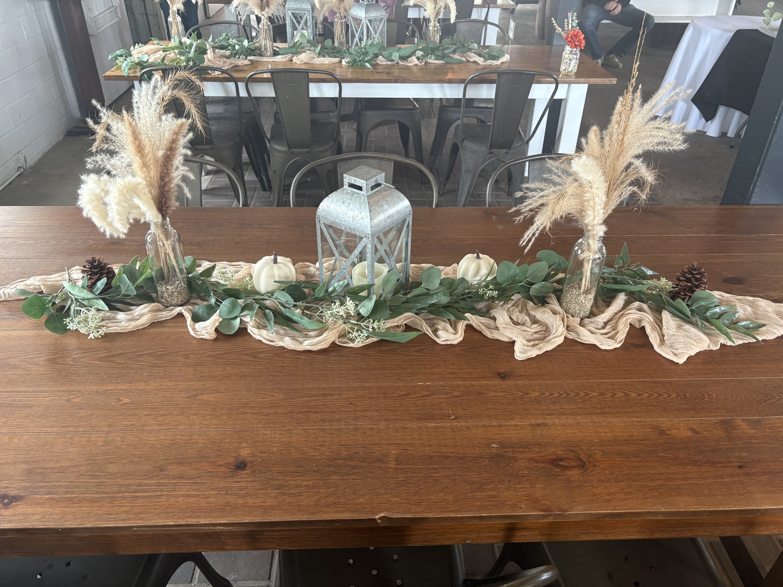 Metal Lantern:Champagne Gauze:Pompas Grass in Glass Jar: Greenery .jpeg