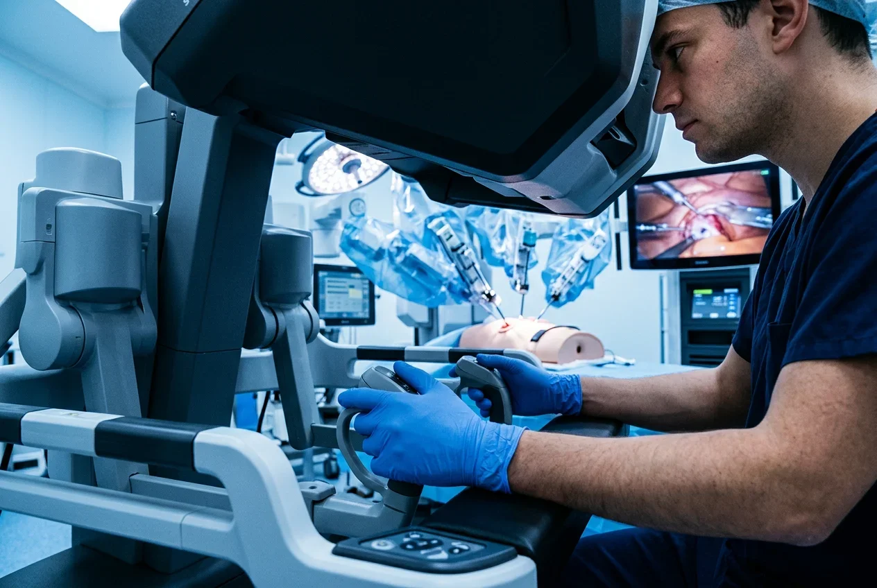 Surgeon controlling Da Vinci robotic arms during minimally invasive tubal reversal surgery