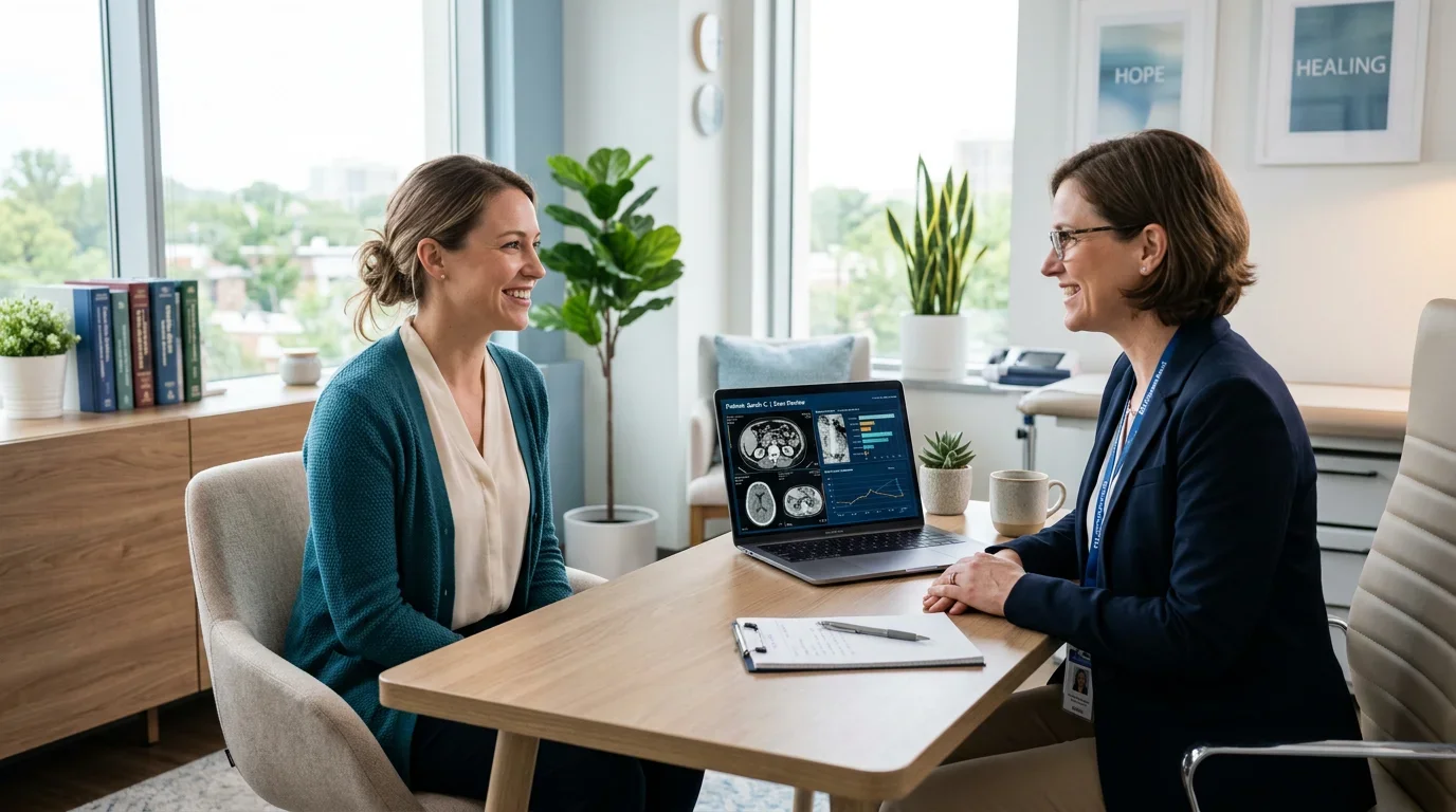Woman consulting with robotic tubal reversal surgeon in modern medical office