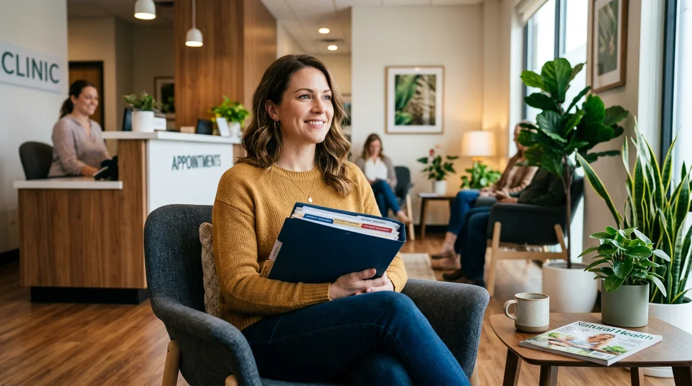 Confident woman preparing for Essure reversal consultation with medical documents