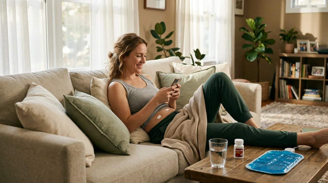 Woman resting comfortably at home during early robotic tubal reversal recovery with small bandages visible