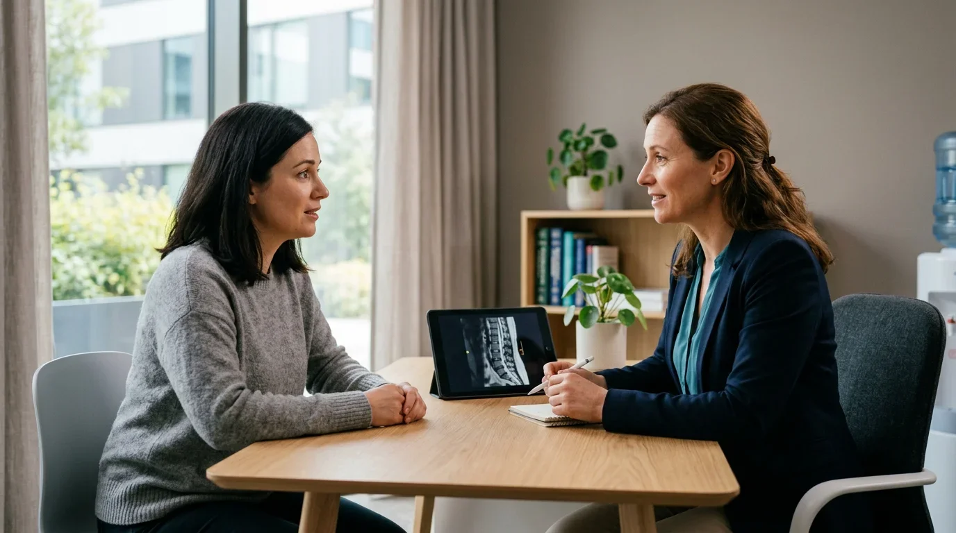 Patient consulting with doctor about robotic tubal reversal fertility restoration options