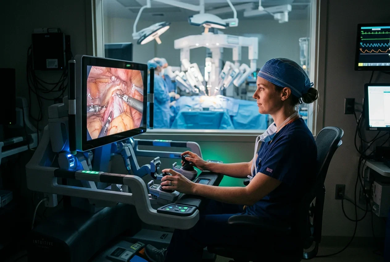 Surgeon at da Vinci robotic surgical console performing minimally invasive gynecologic procedure