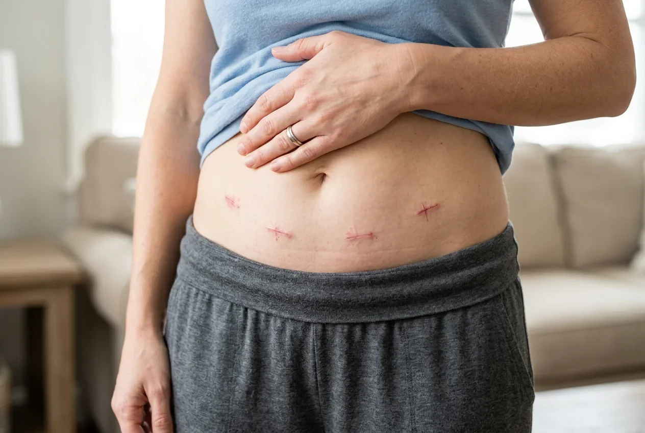 Healing incision marks one week after robotic tubal reversal showing minimal scarring