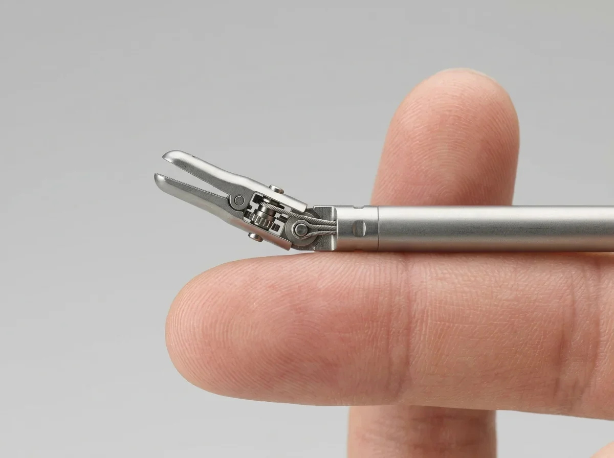 Da Vinci EndoWrist instrument tip showing wristed joint compared to human hand for scale