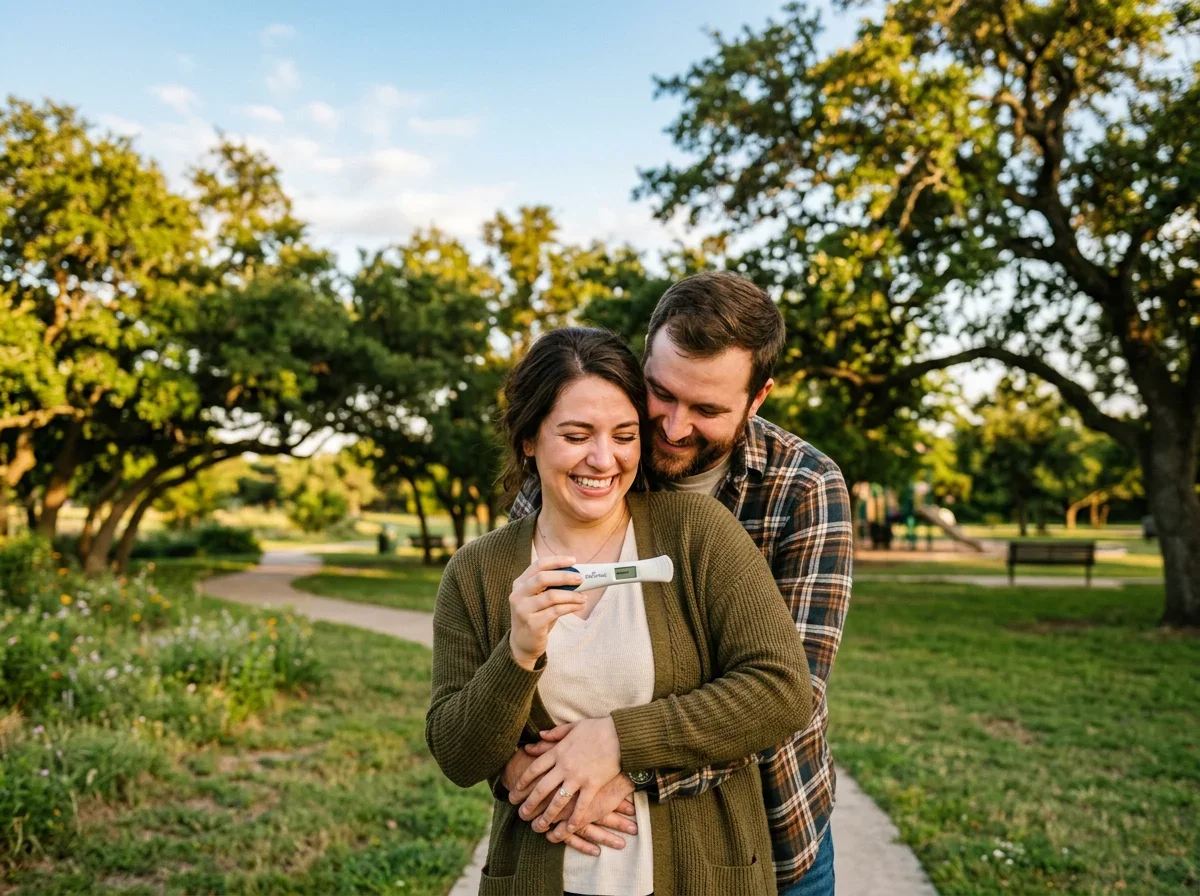 Happy couple celebrating positive pregnancy test after tubal ligation reversal surgery