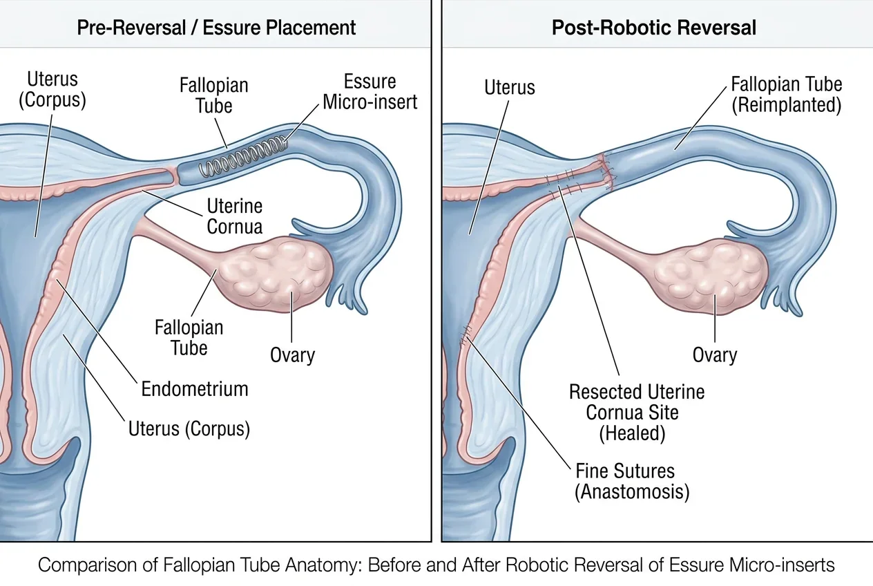 Medical illustration showing Essure device location and robotic reversal with tube reimplantation