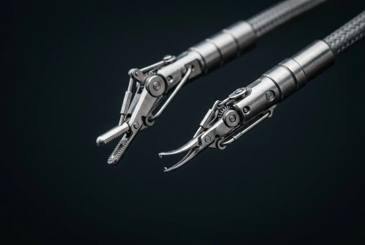 Close-up of da Vinci robotic surgical instrument tips demonstrating precision and articulation