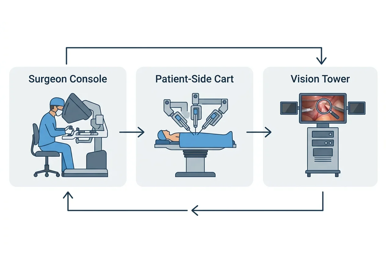 Diagram showing three components of Da Vinci system surgeon console patient cart and vision tower