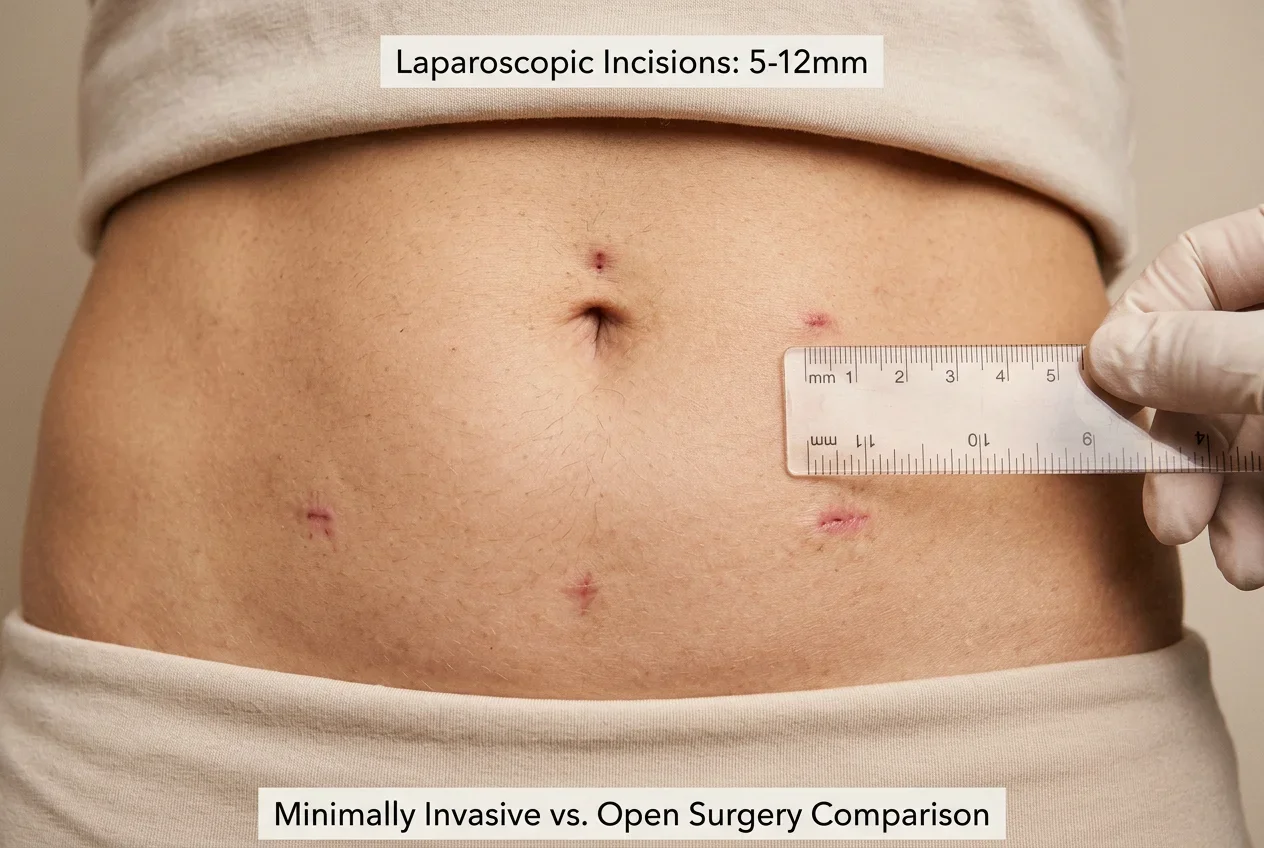 Small laparoscopic incisions from robotic gynecologic surgery compared to ruler showing minimal scarring