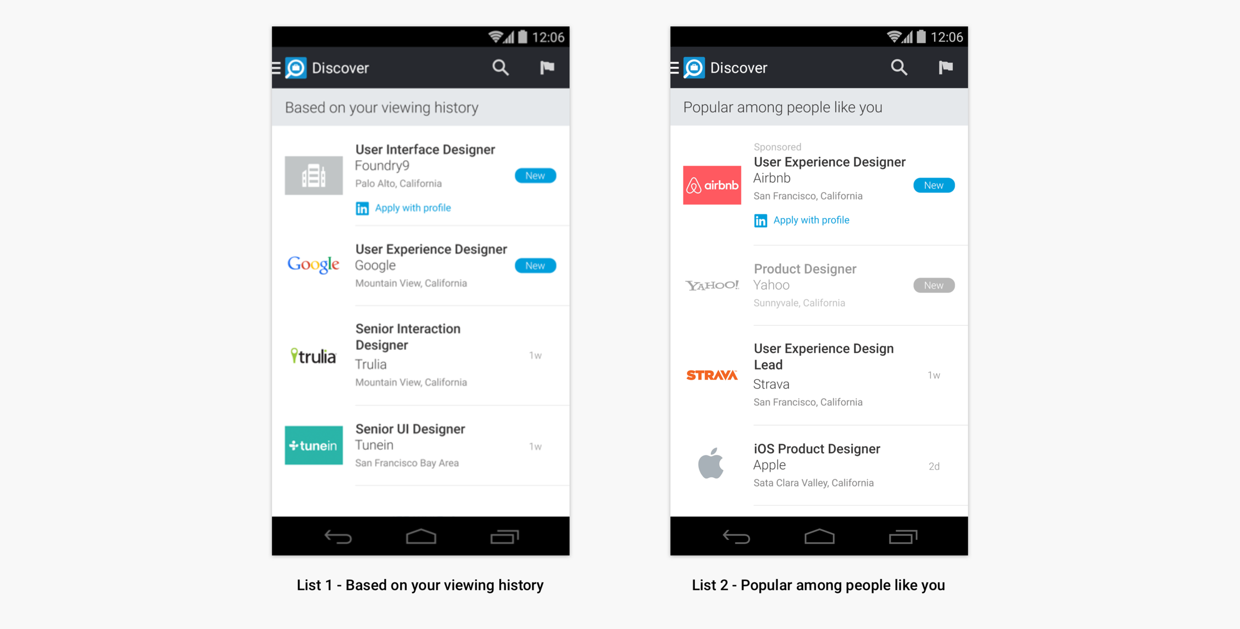 Example of existing Discovery tab of the app. Recommended jobs are surfaced in only two categories and appear through scrolling of the page.