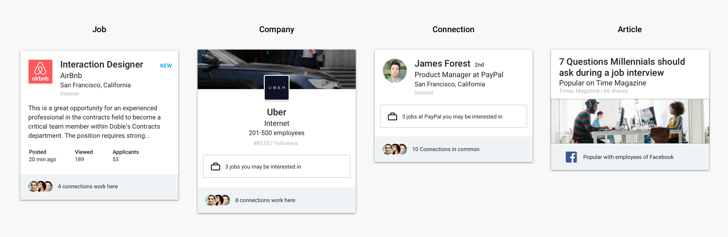 Example of key recommendations are Jobs,  Content, Companies, and People.