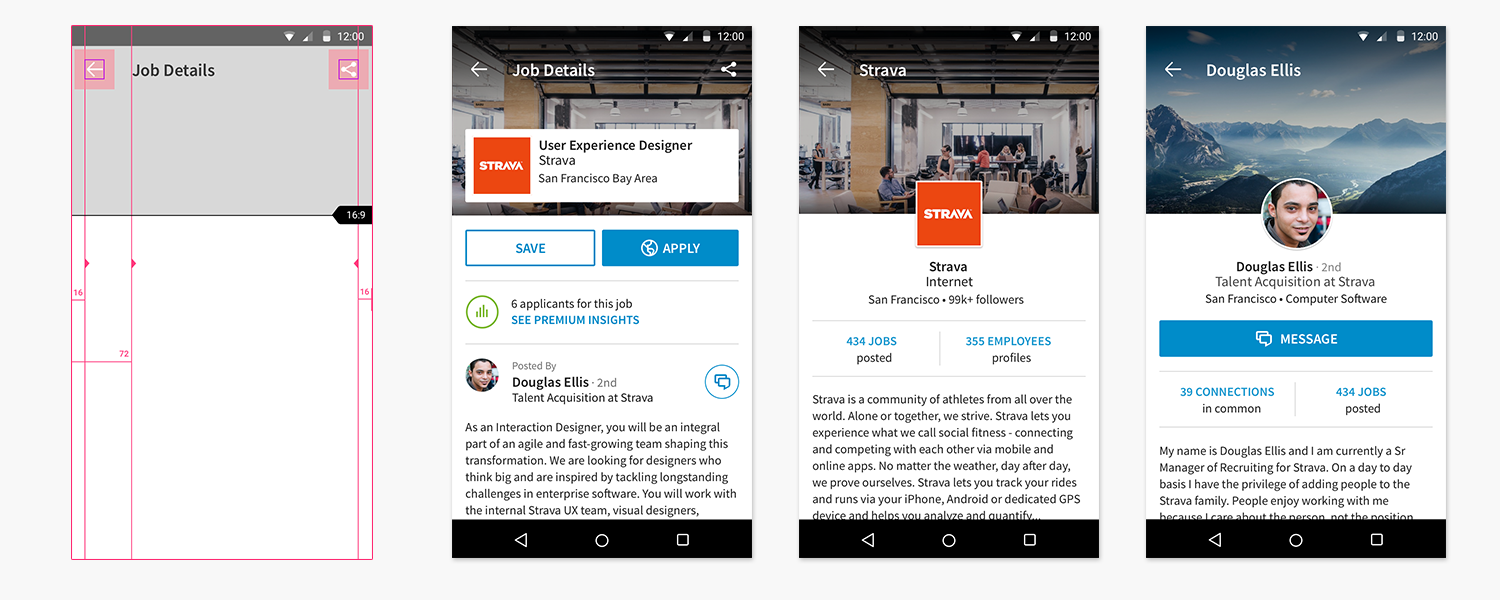 Here is an early exploration showing the use of persistent (16:9) aspect ratio and material design’s keyline margins across all entities.