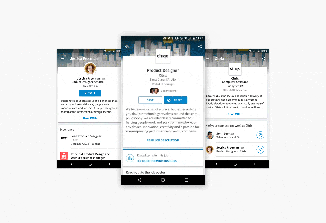 Profile (Left), Job details (Center), Company (Right). These are examples of entity pages that share components with our LinkedIn flagship app.