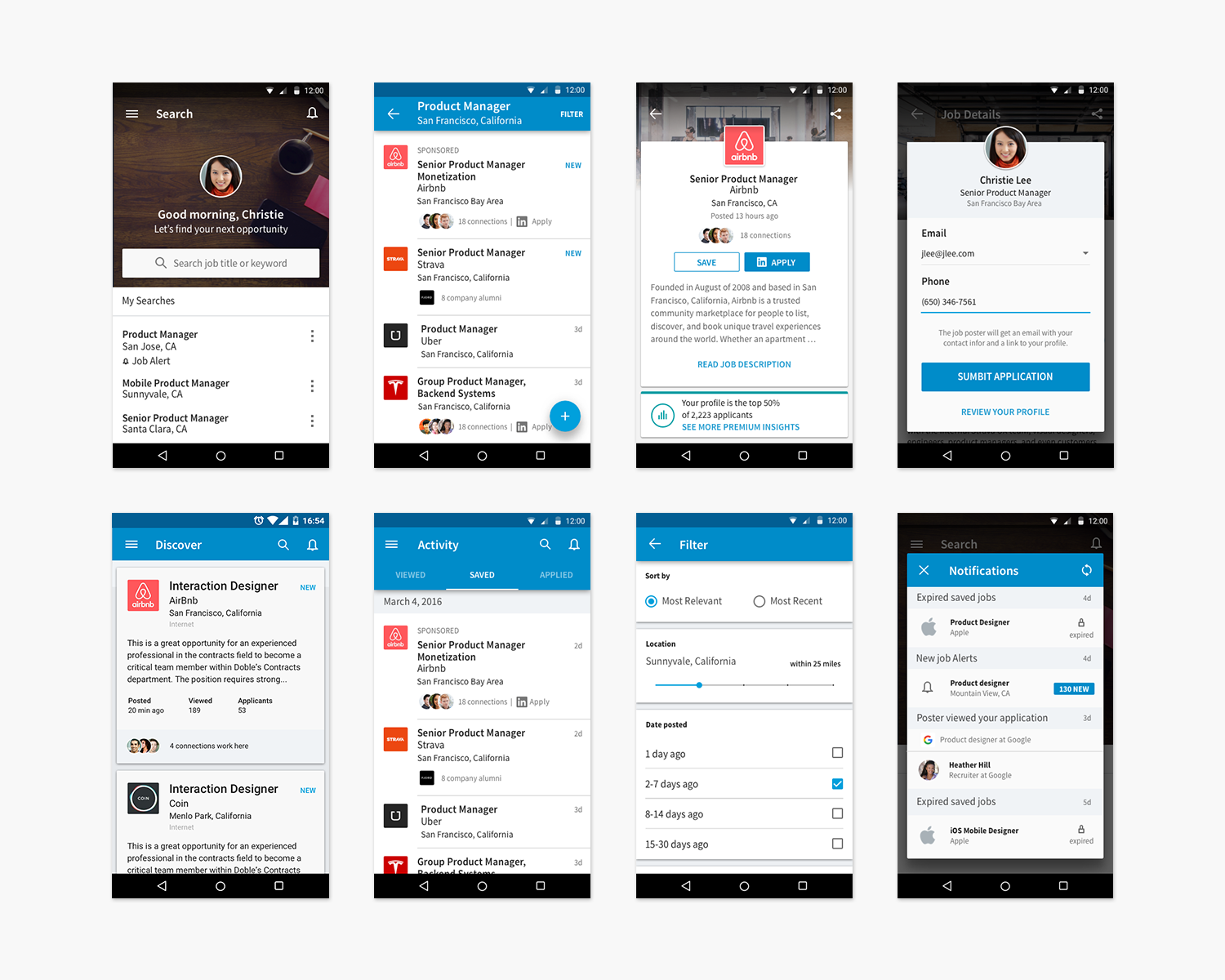 Here are some example core screens from the app.