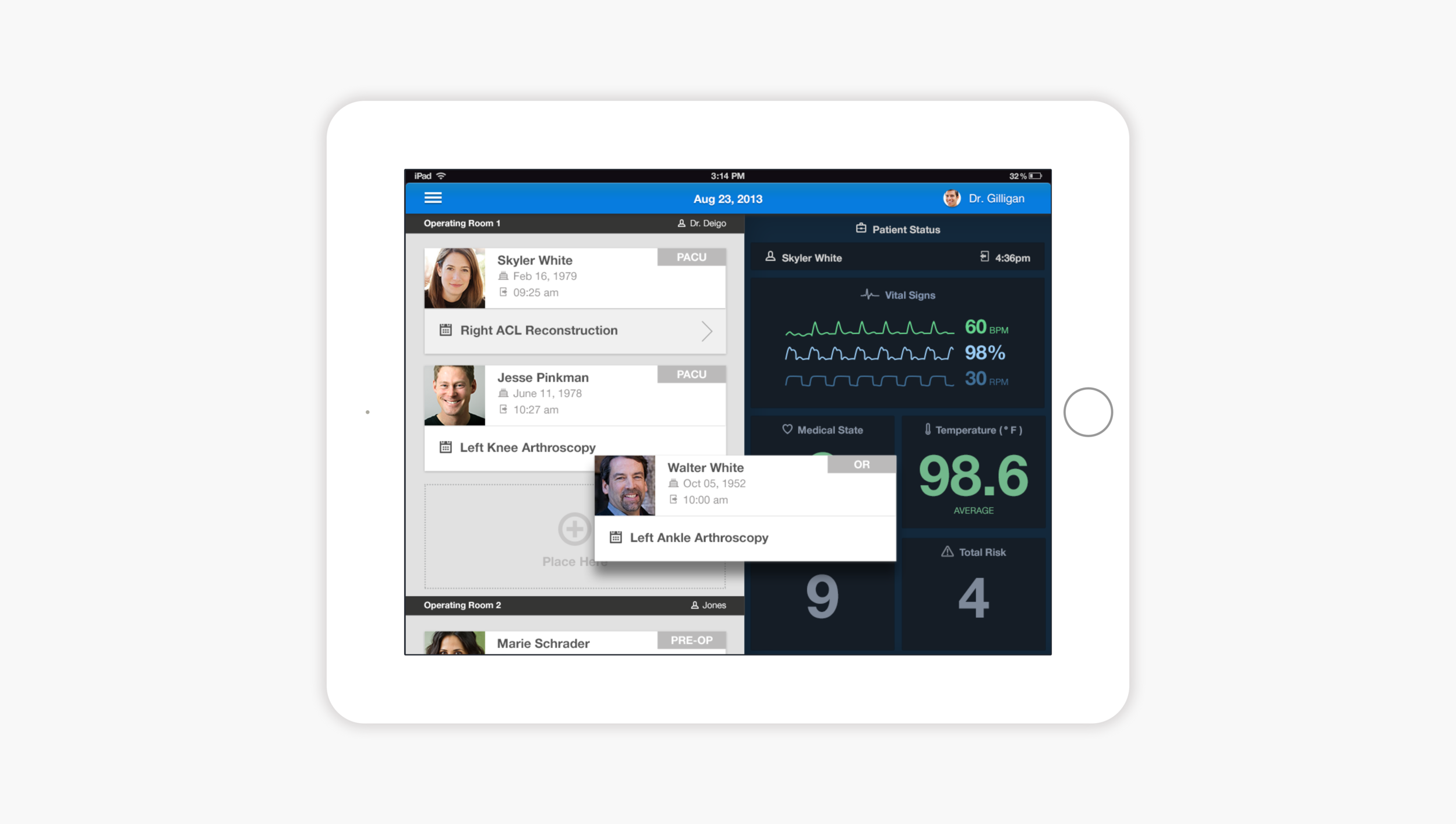 Transferring patients from one room to another no longer requires a person to manually erase and update a whiteboard. Having the option to make these changes within the app improves accuracy, communication, and reliability.