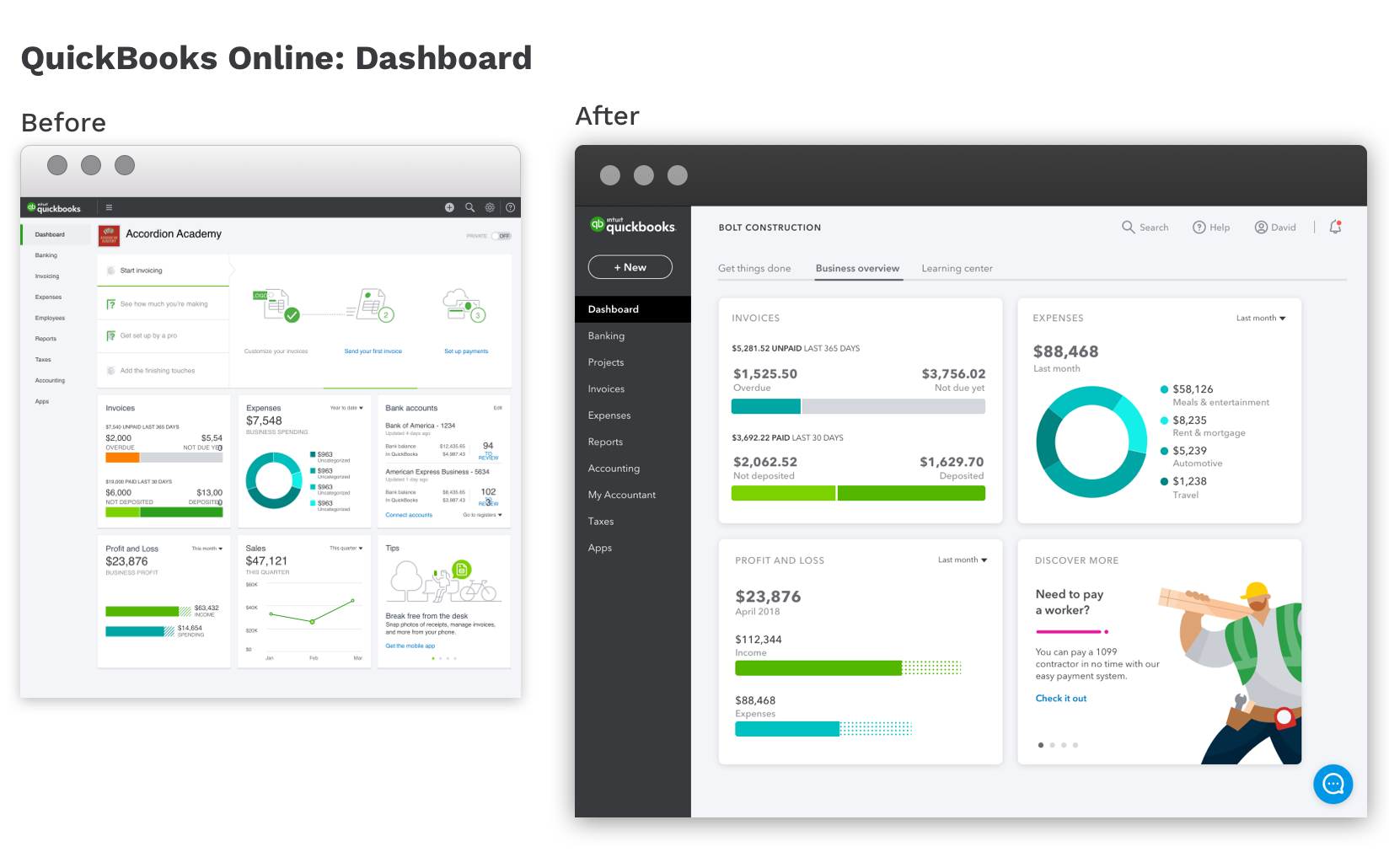 From the left is our main dashboard for QuickBooks Online and the right is with the new components and new visual design language.