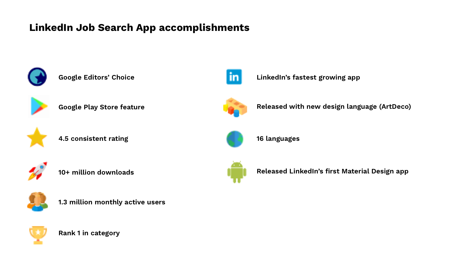 Here are some of the key accomplishments we achieved for the LinkedIn Job Search app.