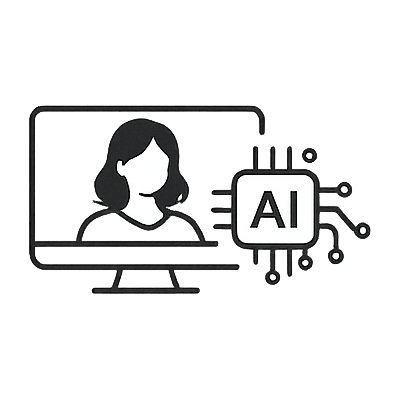 icon showing desktop computer monitor with a illustrated person on it and an computer chip with AI written on it.