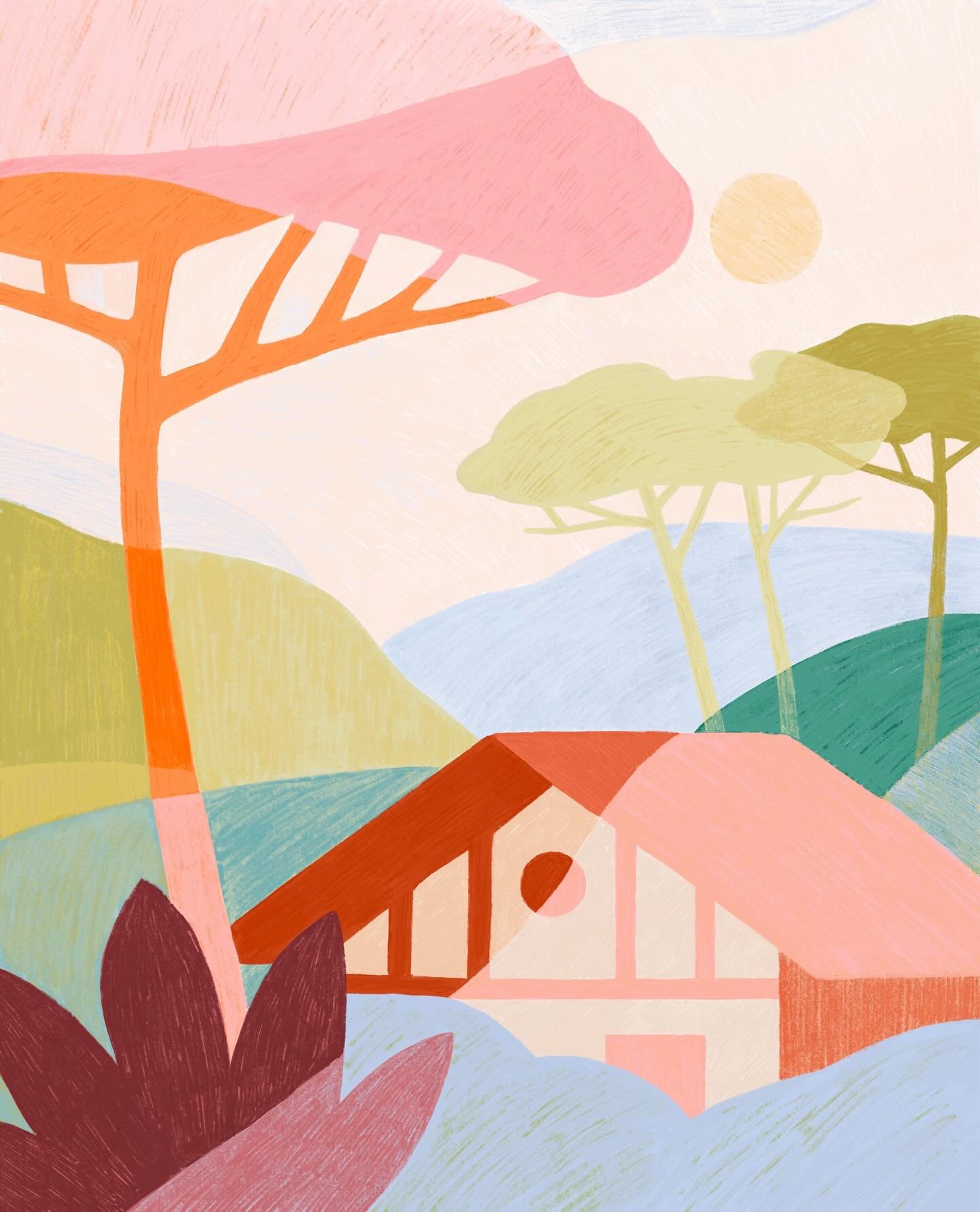 Une maison color&eacute;e nich&eacute;e dans un paysage des Landes, entour&eacute;e de pins maritimes. 

Pour cette illustration, je me suis surtout concentr&eacute;e sur les associations de couleurs et leur harmonie, en jouant avec des contrastes do