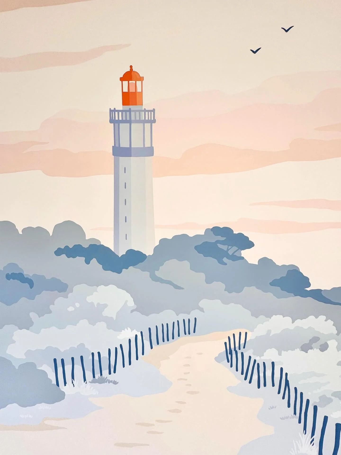 LE PHARE DES BALEINES 🐋 
revisit&eacute; en fresque pour un cabinet de chiropratique sur l&rsquo;&icirc;le de R&eacute;.

Ici, j&rsquo;ai choisi une palette presque monochrome, construite autour de bleus d&eacute;lav&eacute;s pour cr&eacute;er une a