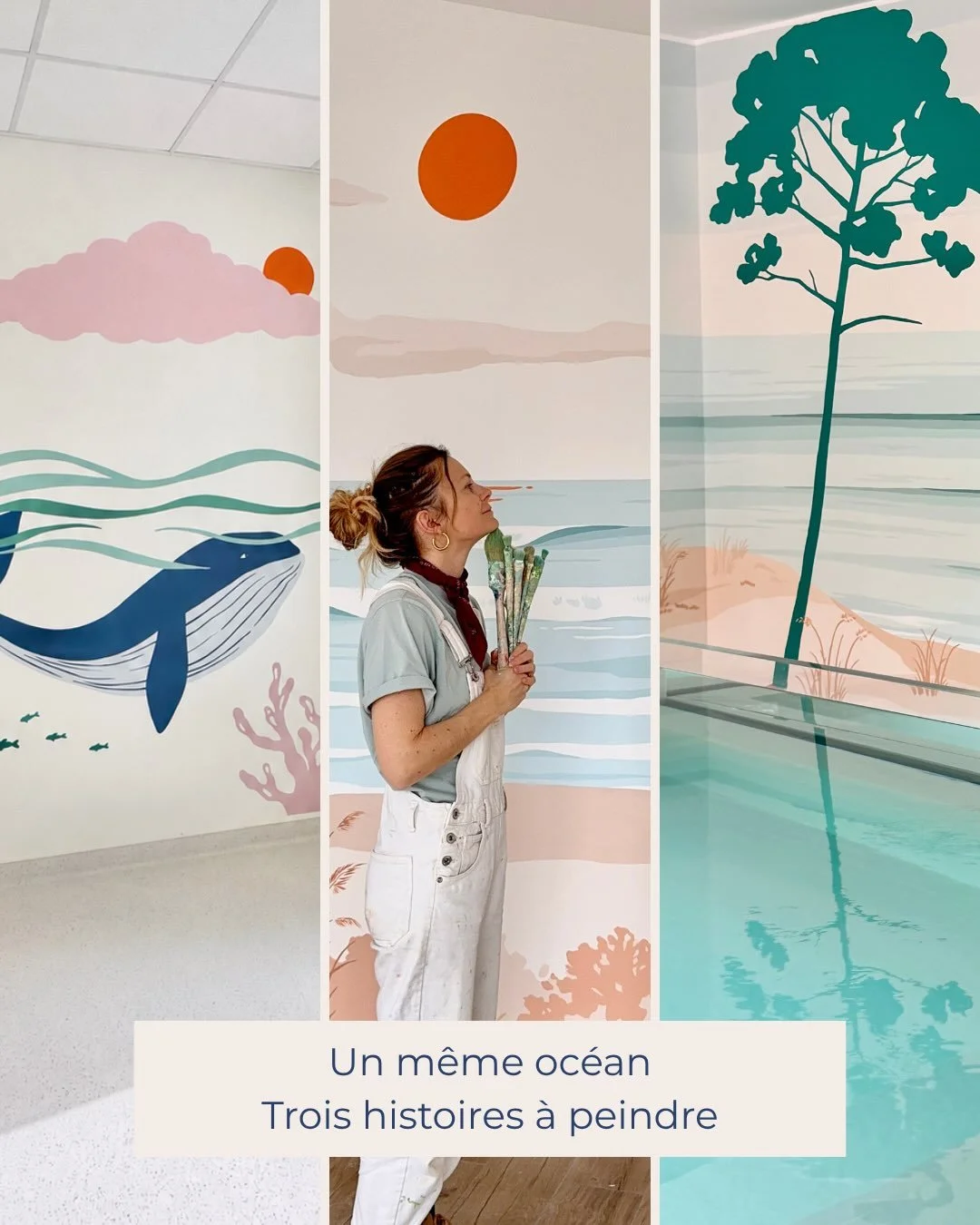 PEINDRE L&rsquo;OC&Eacute;AN
ne veut pas dire reproduire toujours le m&ecirc;me paysage.
Selon le lieu, il peut rassurer, faire voyager ou cr&eacute;er l&rsquo;illusion d&rsquo;un horizon.

Pour ces trois fresques murales, le point de d&eacute;part &