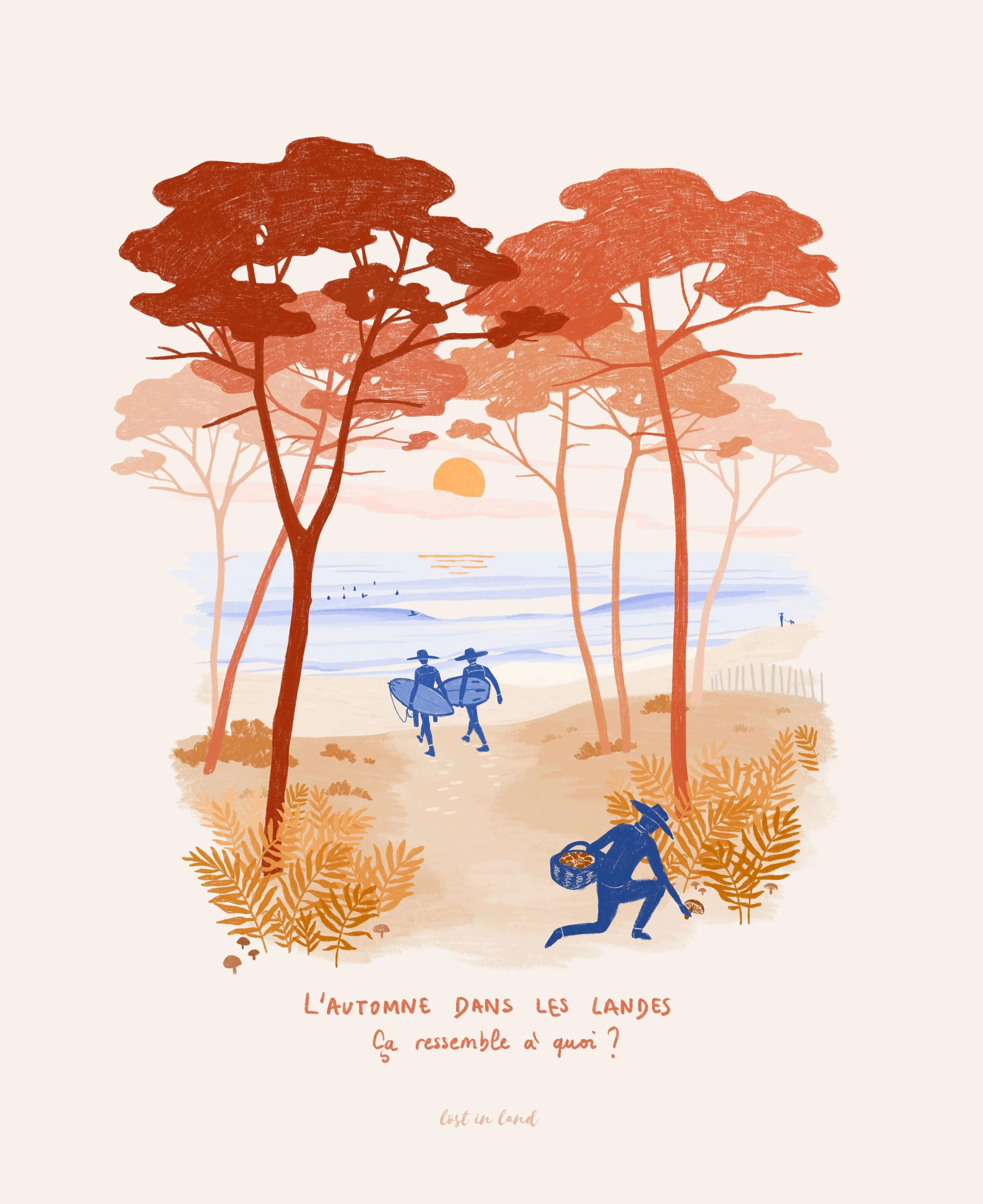 L&rsquo;AUTOMNE DANS LES LANDES 🍁🧡
&Ccedil;a ressemble &agrave; quoi ?

.
.
.
.
#landes #landestourisme #hossegorartist #surfartwork #surfillustration