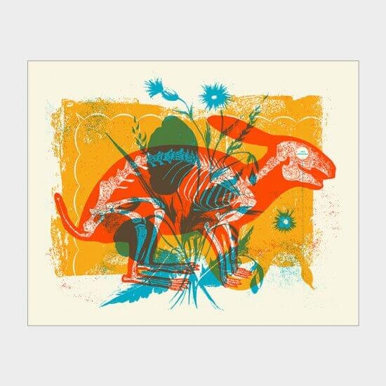 Image Of Jinx Removing Rabbit Screenprint Art Print Poster By Aesthetic Apparatus Featuring An Orange Rabbit Side View With Blue Cactus Flowers Overlay And Deep Yellow Background