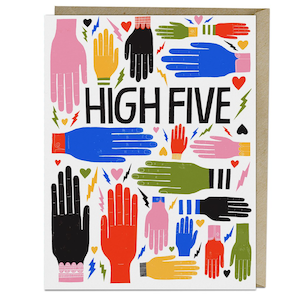 Image of Colorful “High Five” Illustrated Congratulations Greeting Card By Lisa Congdon Featuring Illustrated Hands Pattern In Pink, Yellow, Black, Red And Blue With Black Hand-Drawn Type.
