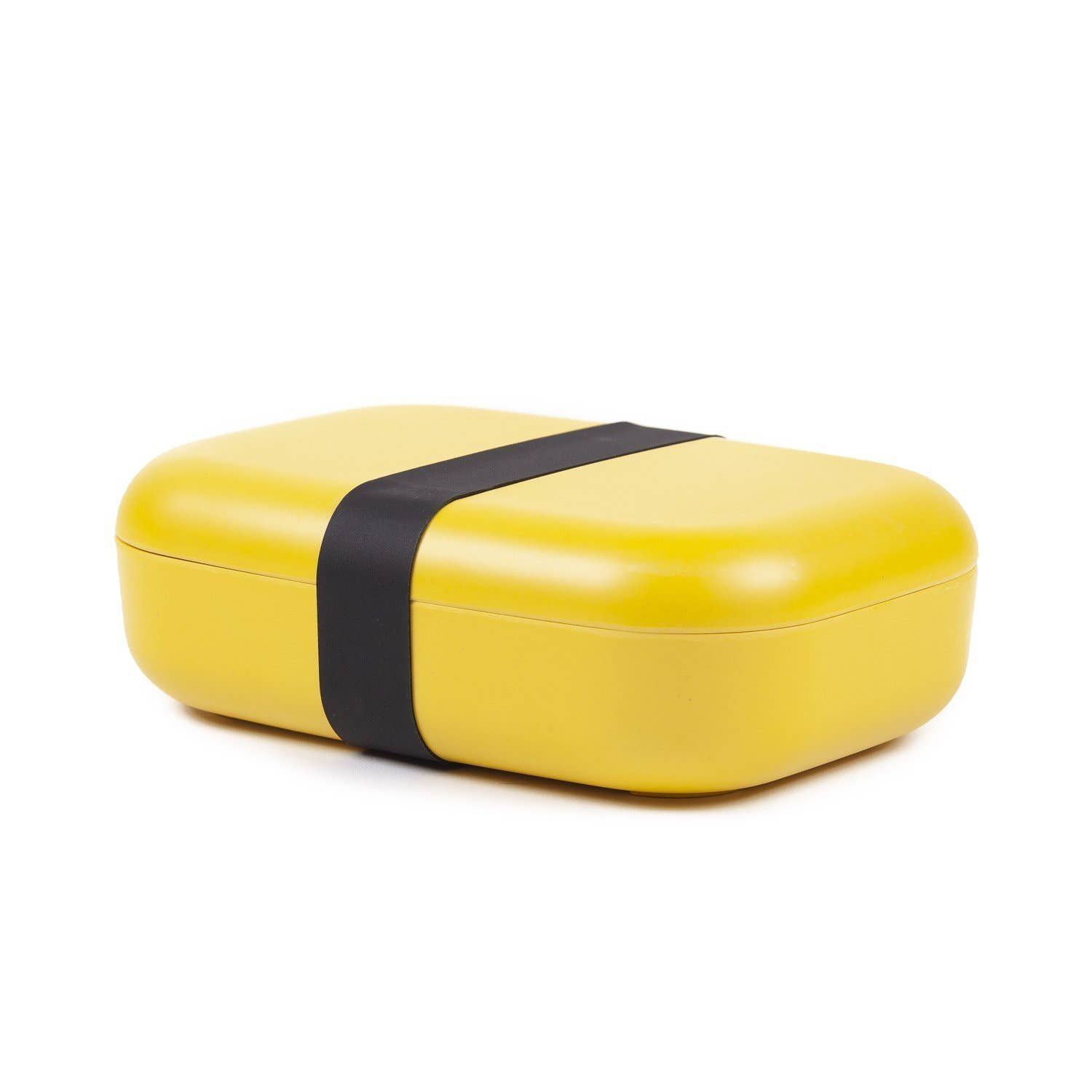 Image Of Bamboo Fiber Eco-Friendly Bento Box In Bright Yellow. Black Rubber Band Closure