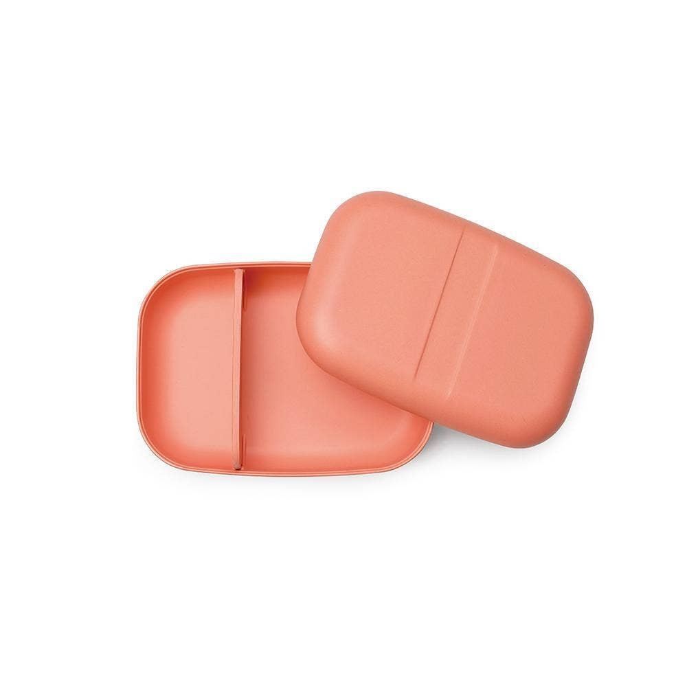 Image Of Bamboo Fiber Eco-Friendly Bento Box In Pastel Coral. Black Rubber Band Closure