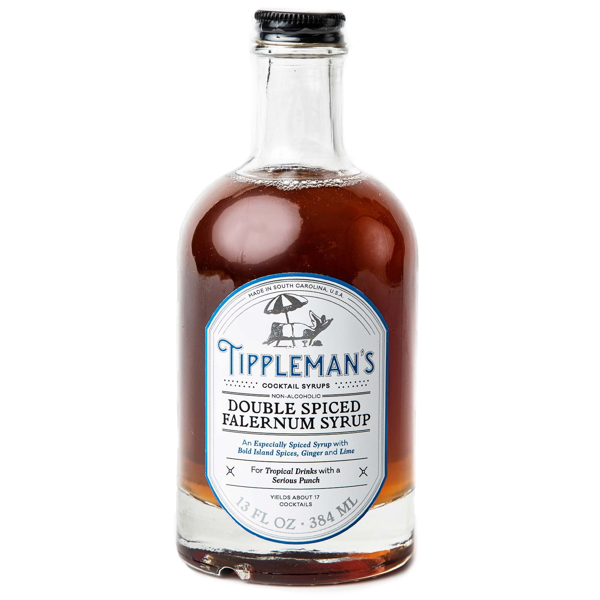 Image Of A Bottle Of Tippleman’s Double Spiced Falernum Syrup. Clear Bottle With Silver And Blue Label.