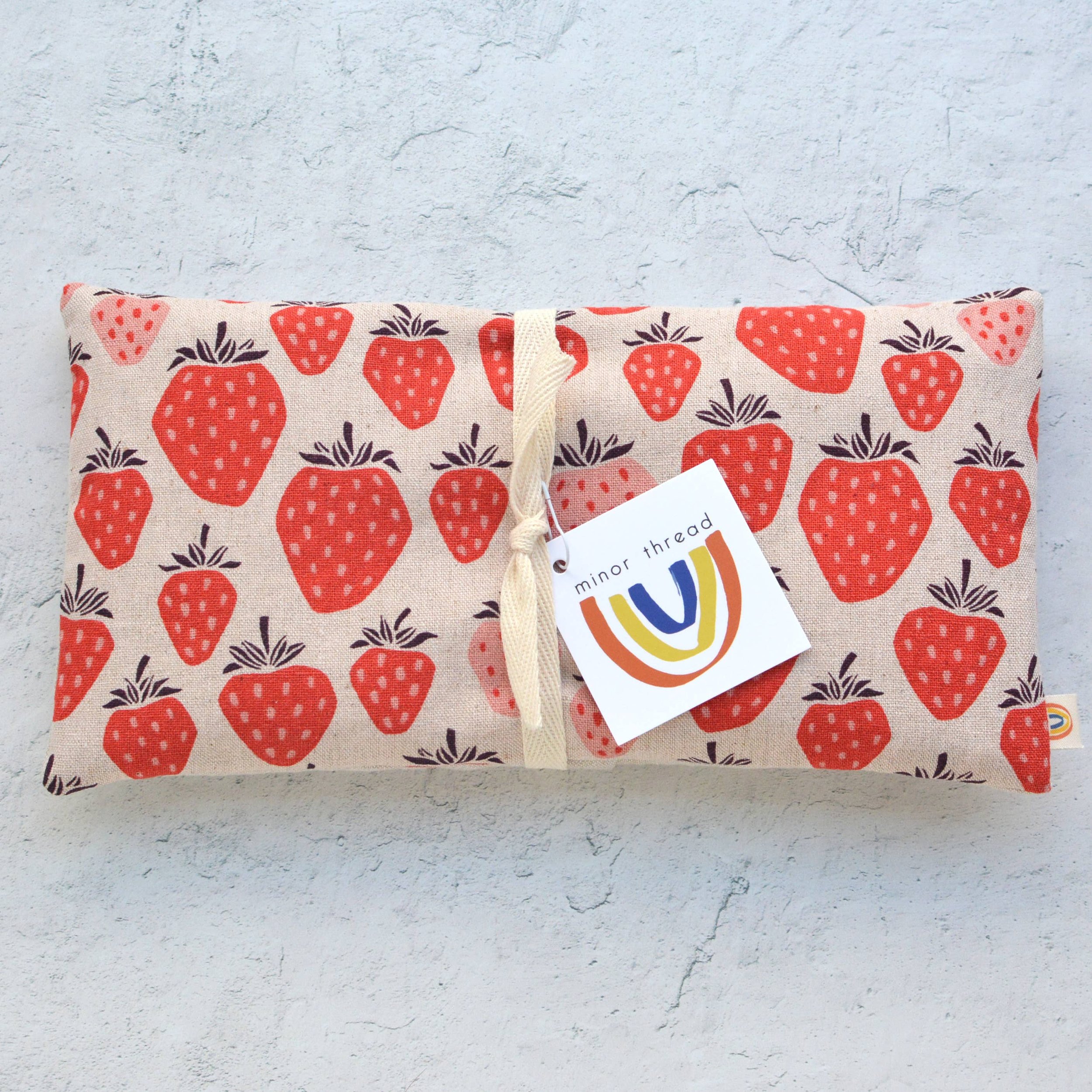 Image Of Hand Sewn Organic Mint Weighted Eye Pillow in Big Strawberries Canvas