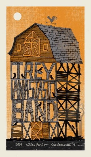 Image Of Illustrated Orange And Black Fall Rickety Barn-Themed Screenprint Poster For Trey Anastasio By Methane Studios.