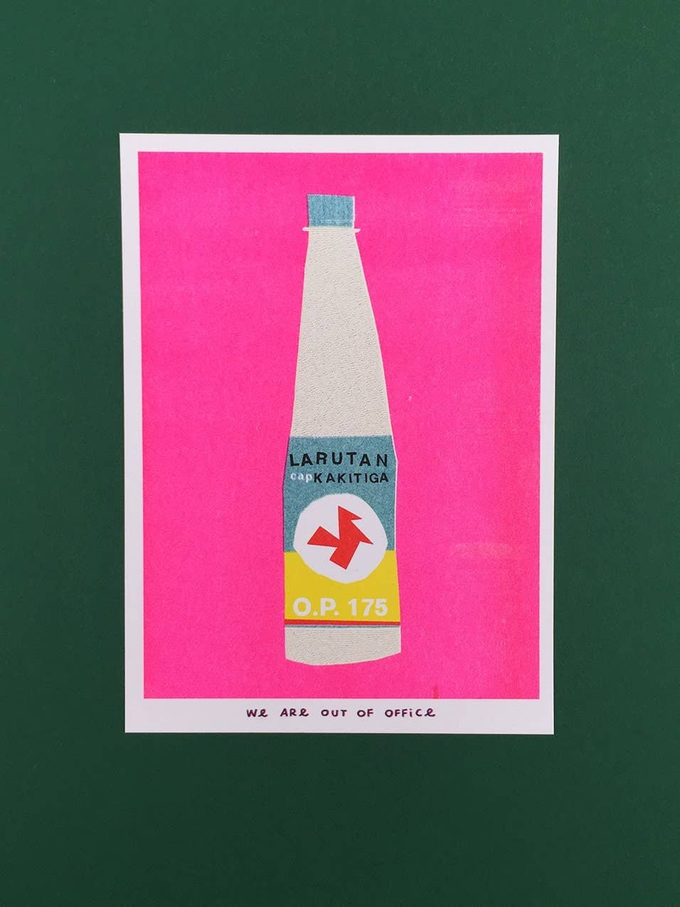 Image Of Indonesian Bottle Kakitiga Illustrated Risograph Print With White Bottle On Hot Pink With Red, Blue And Yellow Accents. Artist Signature Along Bottom Edge.