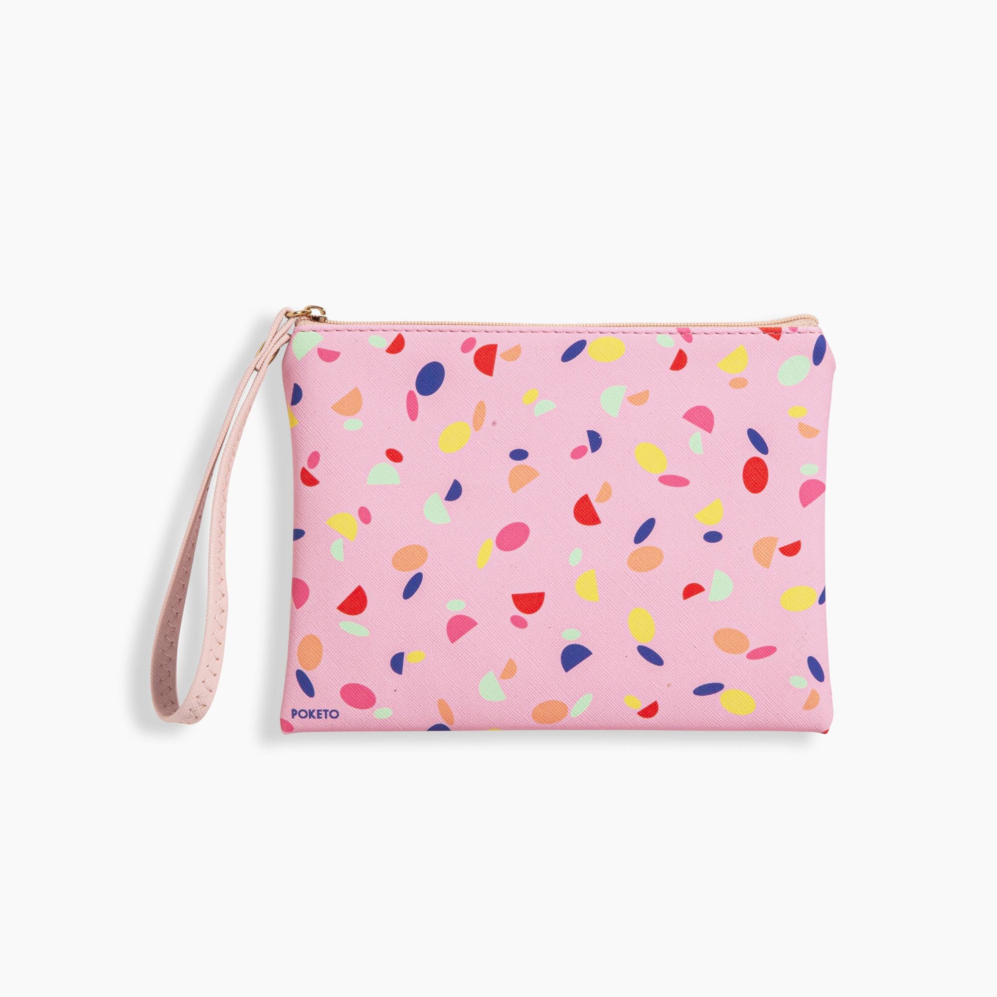 Image Of Pink Wristlet Zipper Pouch With Colorful Paint Chips Design And Wrist Strap. Paint Chips Design In Navy, Hot Pink, Turquoise And Yellow.