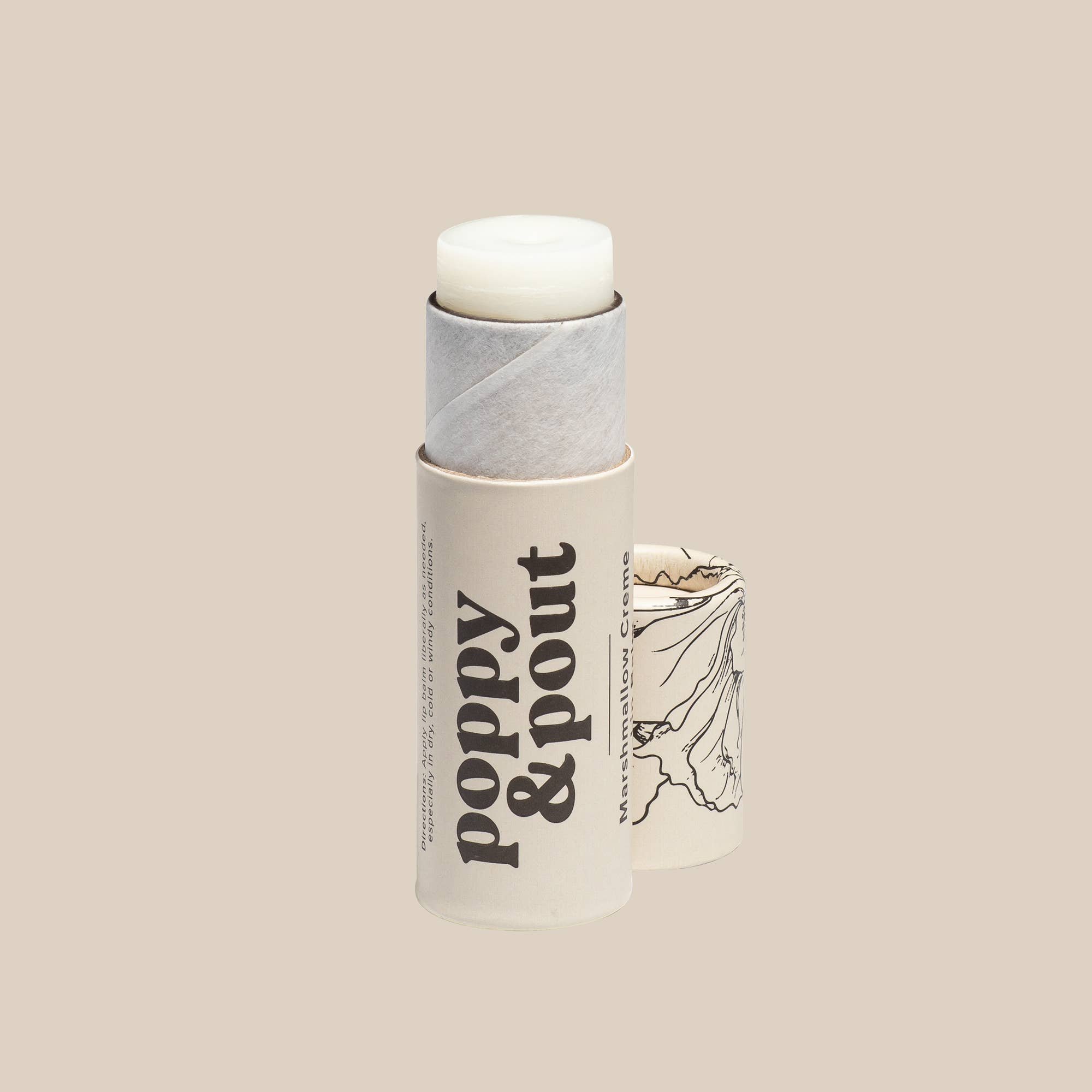 Image Of Tube Of 100% Natural Poppy And Pout Marshmallow Creme Lip Balm In Cream-Colored Eco-Friendly Cardboard Tube.